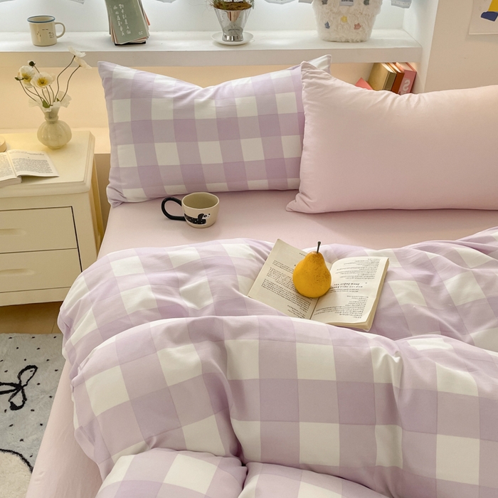 91家纺网 家纺一手货源 找家纺 雨帆家纺 2025新款时尚印花水洗棉混搭四件套 奶粉紫格