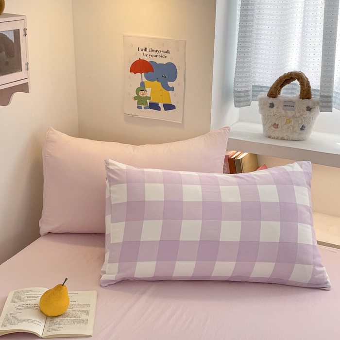 91家纺网 家纺一手货源 找家纺 雨帆家纺 2025新款时尚印花水洗棉混搭四件套 奶粉紫格