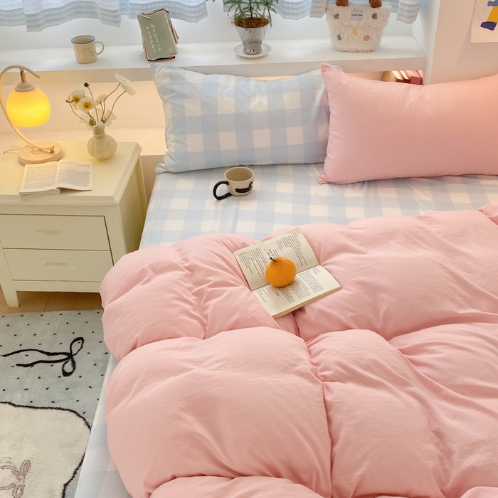 雨帆家纺 2025新款时尚印花水洗棉混搭四件套 奶玉蓝格