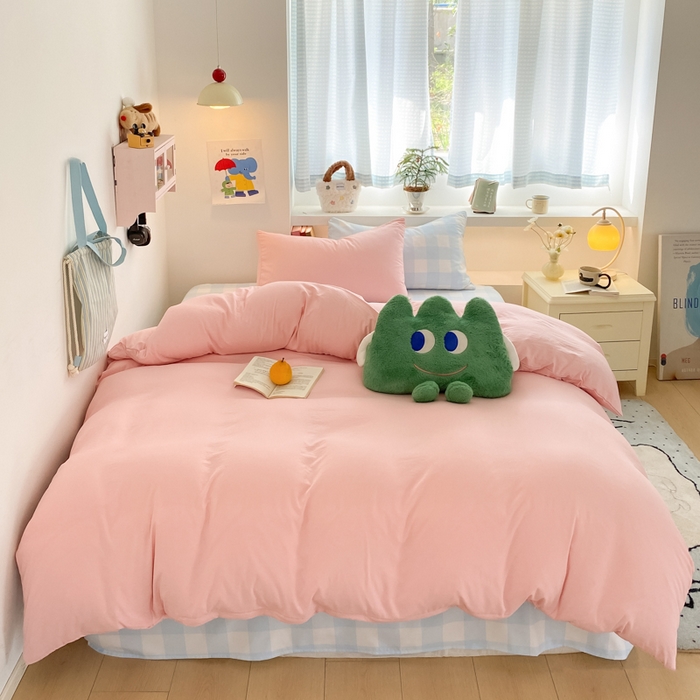 91家纺网 家纺一手货源 找家纺 雨帆家纺 2025新款时尚印花水洗棉混搭四件套 奶玉蓝格