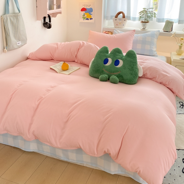 91家纺网 家纺一手货源 找家纺 雨帆家纺 2025新款时尚印花水洗棉混搭四件套 奶玉蓝格