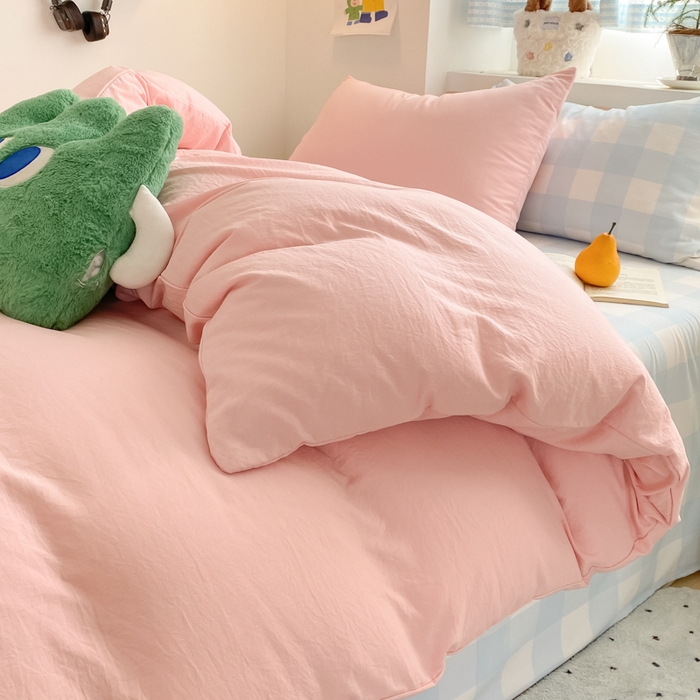 91家纺网 家纺一手货源 找家纺 雨帆家纺 2025新款时尚印花水洗棉混搭四件套 奶玉蓝格