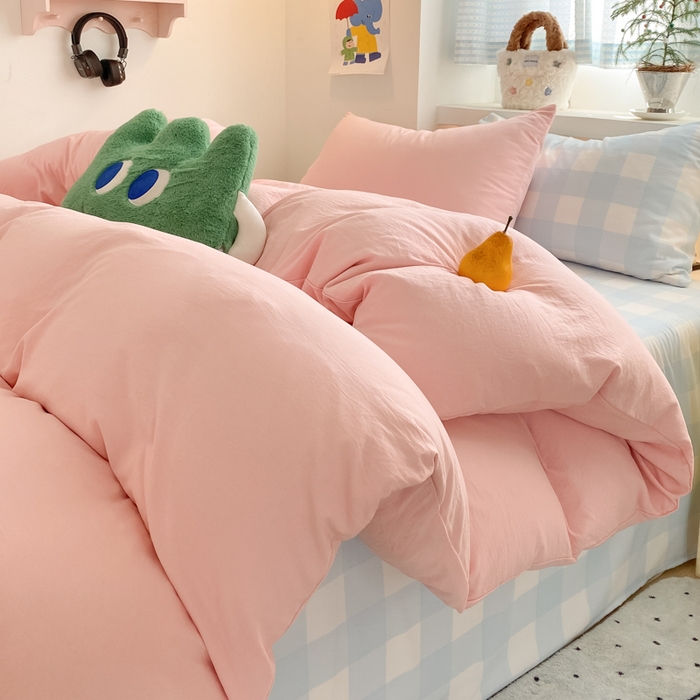 91家纺网 家纺一手货源 找家纺 雨帆家纺 2025新款时尚印花水洗棉混搭四件套 奶玉蓝格