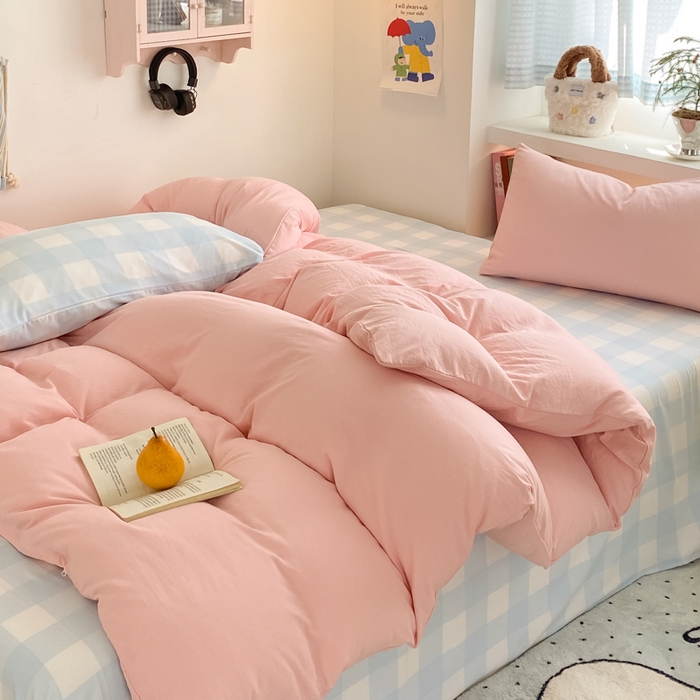 91家纺网 家纺一手货源 找家纺 雨帆家纺 2025新款时尚印花水洗棉混搭四件套 奶玉蓝格