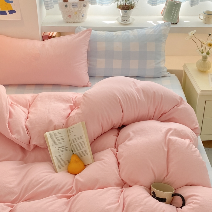 91家纺网 家纺一手货源 找家纺 雨帆家纺 2025新款时尚印花水洗棉混搭四件套 奶玉蓝格