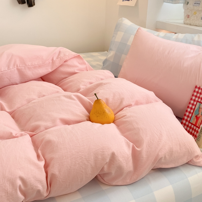 91家纺网 家纺一手货源 找家纺 雨帆家纺 2025新款时尚印花水洗棉混搭四件套 奶玉蓝格