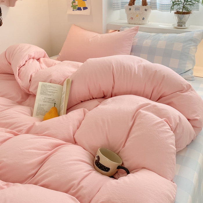 91家纺网 家纺一手货源 找家纺 雨帆家纺 2025新款时尚印花水洗棉混搭四件套 奶玉蓝格