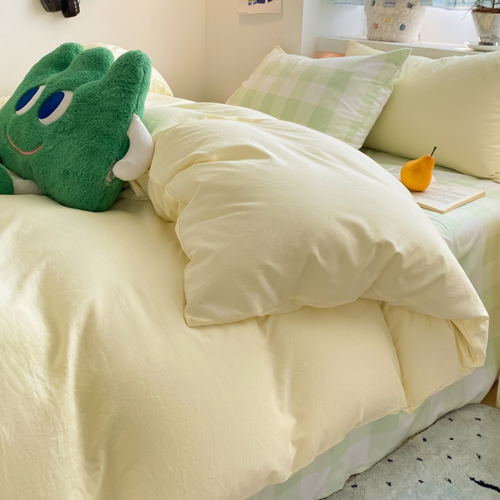 91家纺网 家纺一手货源 找家纺 雨帆家纺 2025新款时尚印花水洗棉混搭四件套 芝士绿格