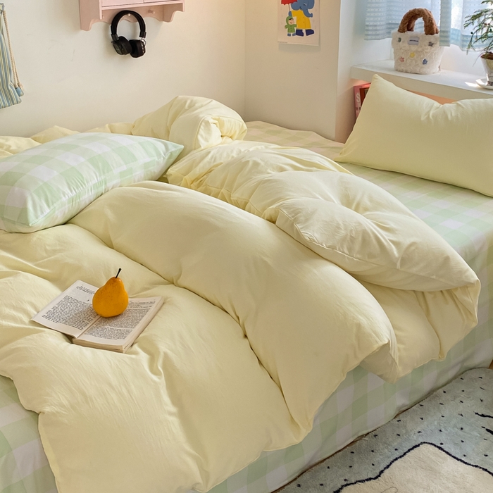 91家纺网 家纺一手货源 找家纺 雨帆家纺 2025新款时尚印花水洗棉混搭四件套 芝士绿格