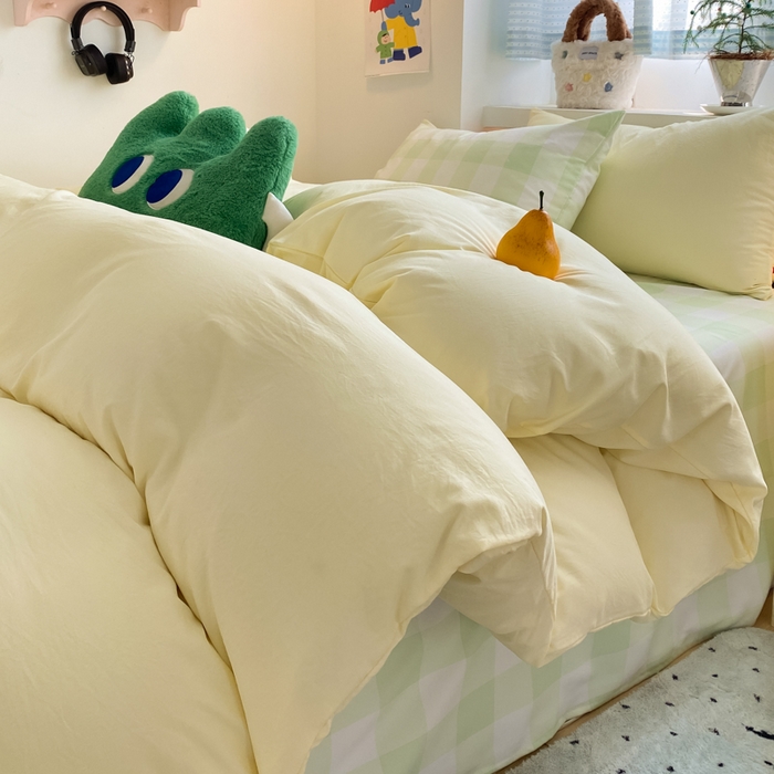 91家纺网 家纺一手货源 找家纺 雨帆家纺 2025新款时尚印花水洗棉混搭四件套 芝士绿格