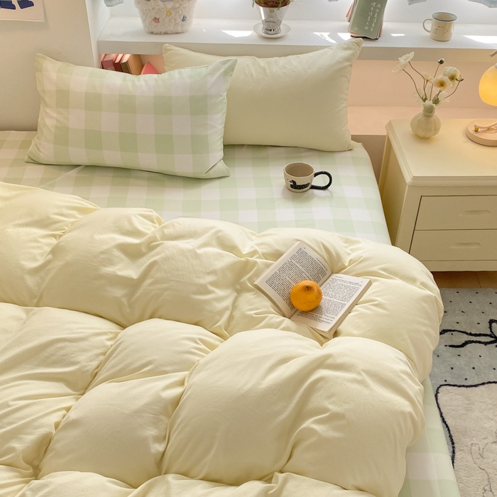 91家纺网 家纺一手货源 找家纺 雨帆家纺 2025新款时尚印花水洗棉混搭四件套 芝士绿格