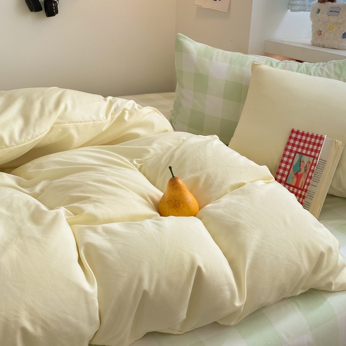 91家纺网 家纺一手货源 找家纺 雨帆家纺 2025新款时尚印花水洗棉混搭四件套 芝士绿格