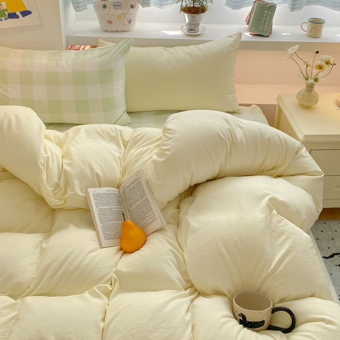 91家纺网 家纺一手货源 找家纺 雨帆家纺 2025新款时尚印花水洗棉混搭四件套 芝士绿格