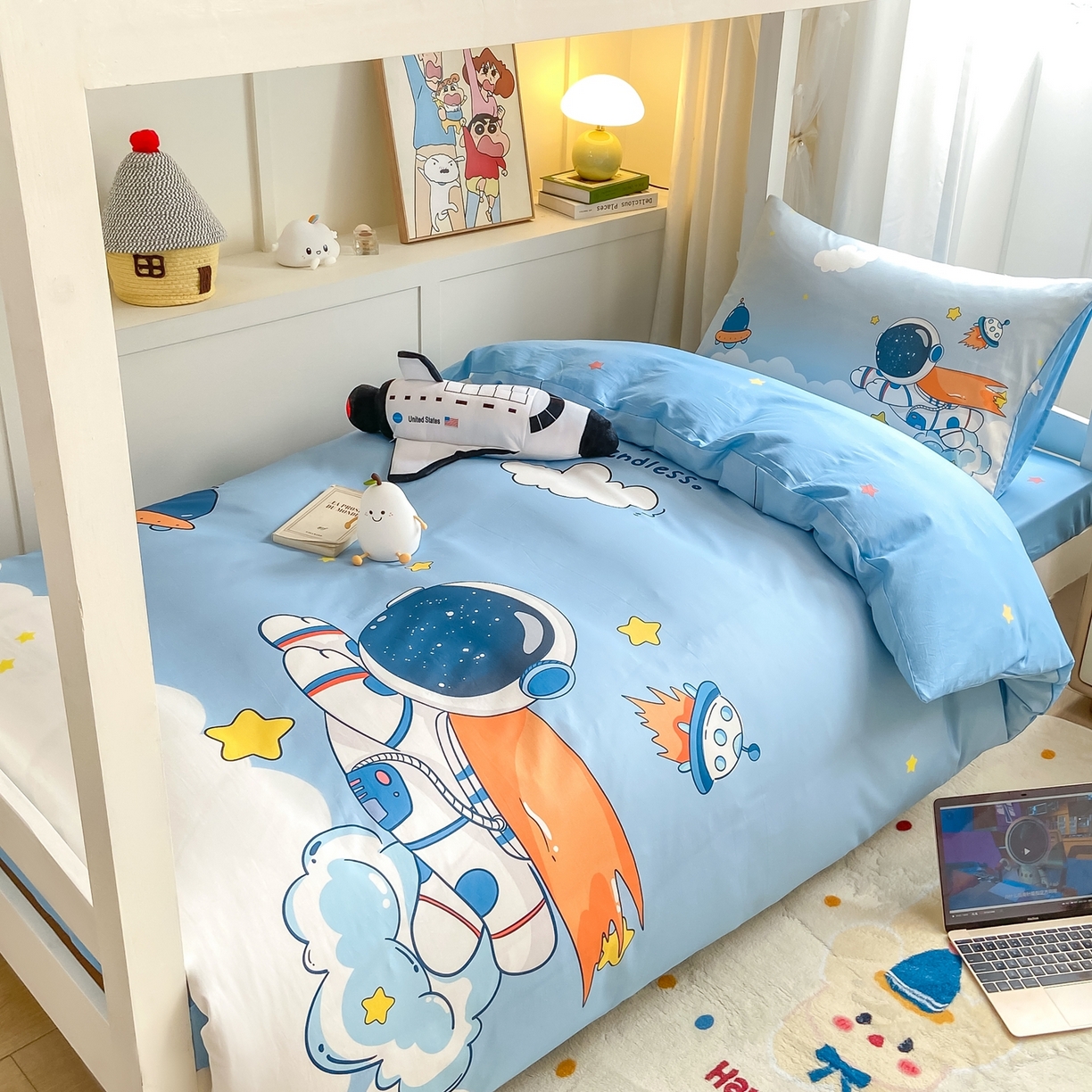 91家纺网 家纺一手货源 找家纺 博雅 2025新款全棉纯棉学生宿舍上下铺六件套-宇航员系列 飞船宇航员