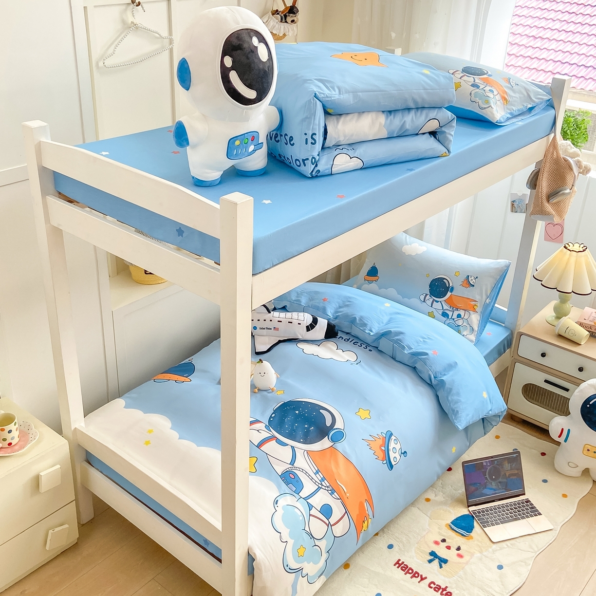 91家纺网 家纺一手货源 找家纺 博雅 2025新款全棉纯棉学生宿舍上下铺六件套-宇航员系列 飞船宇航员