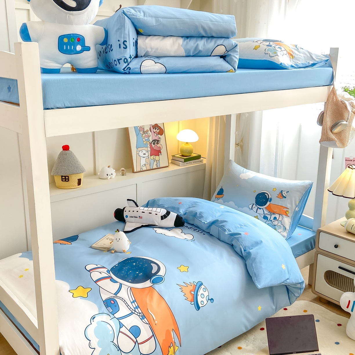 91家纺网 家纺一手货源 找家纺 博雅 2025新款全棉纯棉学生宿舍上下铺六件套-宇航员系列 飞船宇航员