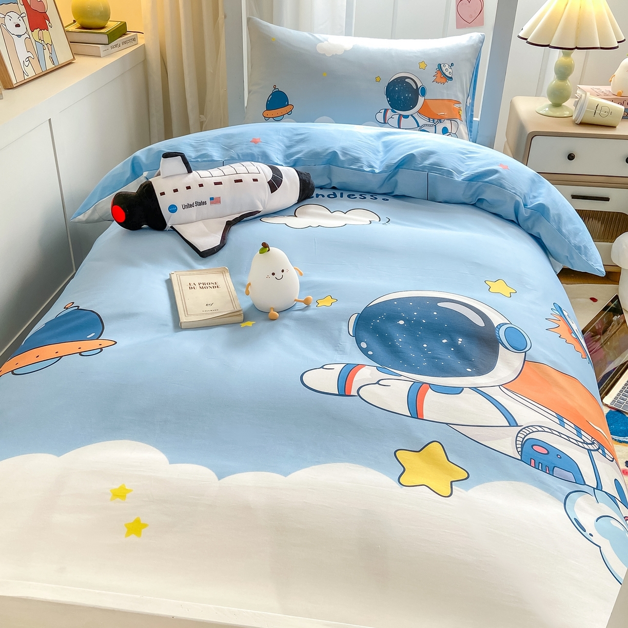 91家纺网 家纺一手货源 找家纺 博雅 2025新款全棉纯棉学生宿舍上下铺六件套-宇航员系列 飞船宇航员