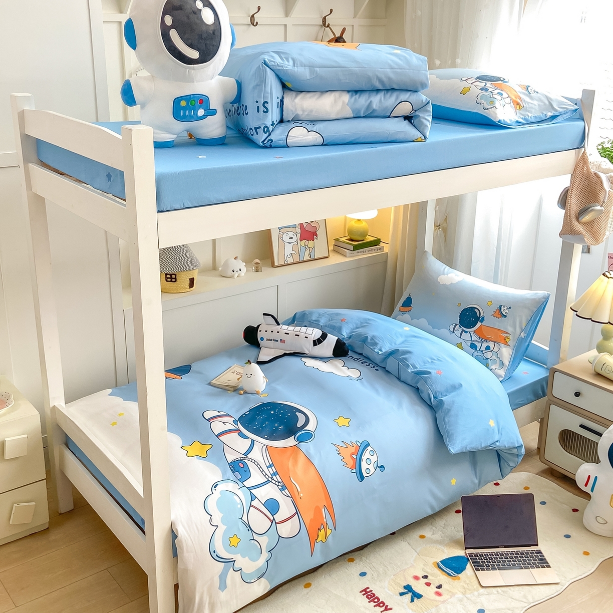 91家纺网 家纺一手货源 找家纺 博雅 2025新款全棉纯棉学生宿舍上下铺六件套-宇航员系列 飞船宇航员