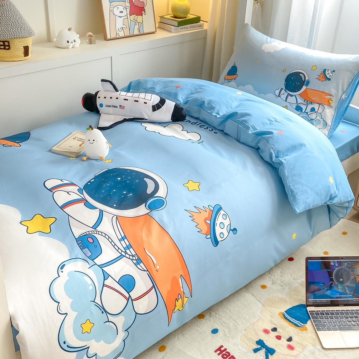 91家纺网 家纺一手货源 找家纺 博雅 2025新款全棉纯棉学生宿舍上下铺六件套-宇航员系列 飞船宇航员
