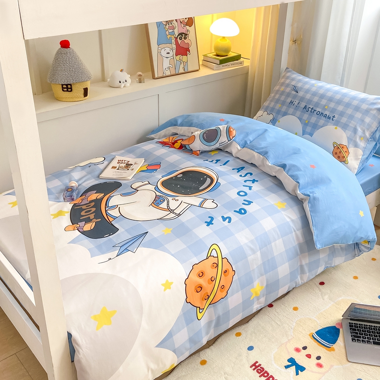 91家纺网 家纺一手货源 找家纺 博雅 2025新款全棉纯棉学生宿舍上下铺六件套-宇航员系列 滑板宇航员