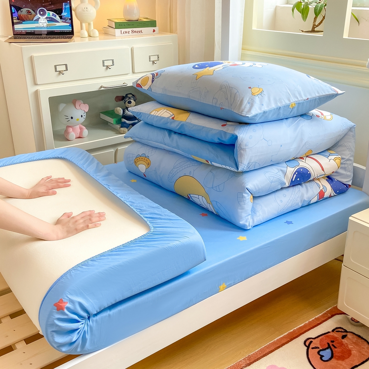 91家纺网 家纺一手货源 找家纺 博雅 2025新款全棉纯棉学生宿舍上下铺六件套-宇航员系列 环游太空