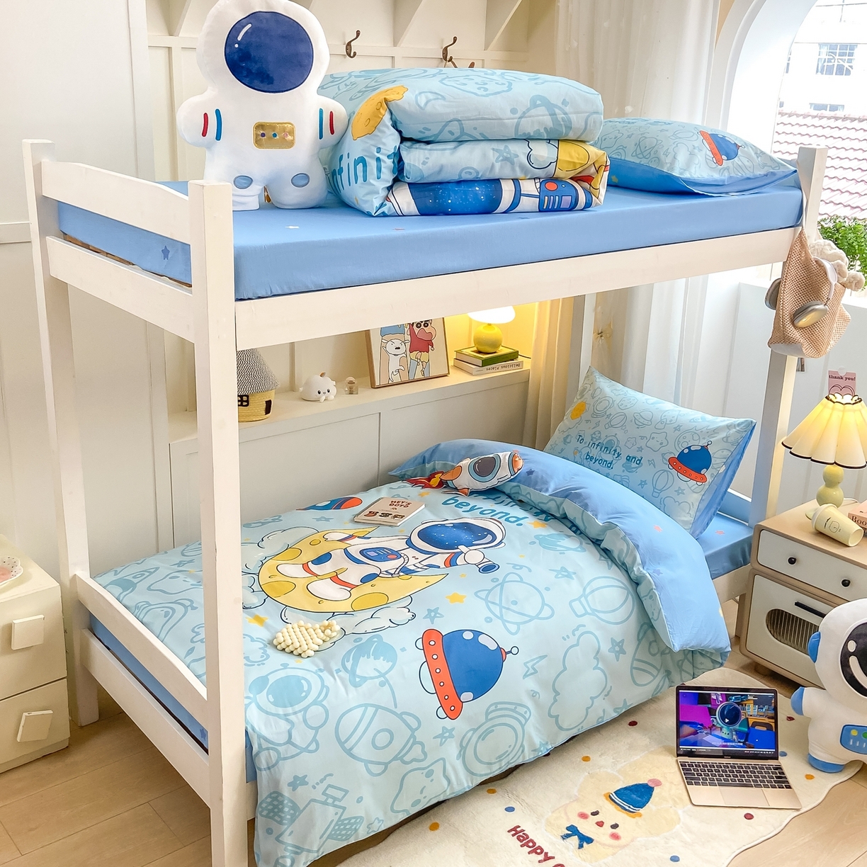 91家纺网 家纺一手货源 找家纺 博雅 2025新款全棉纯棉学生宿舍上下铺六件套-宇航员系列 绘画宇航员