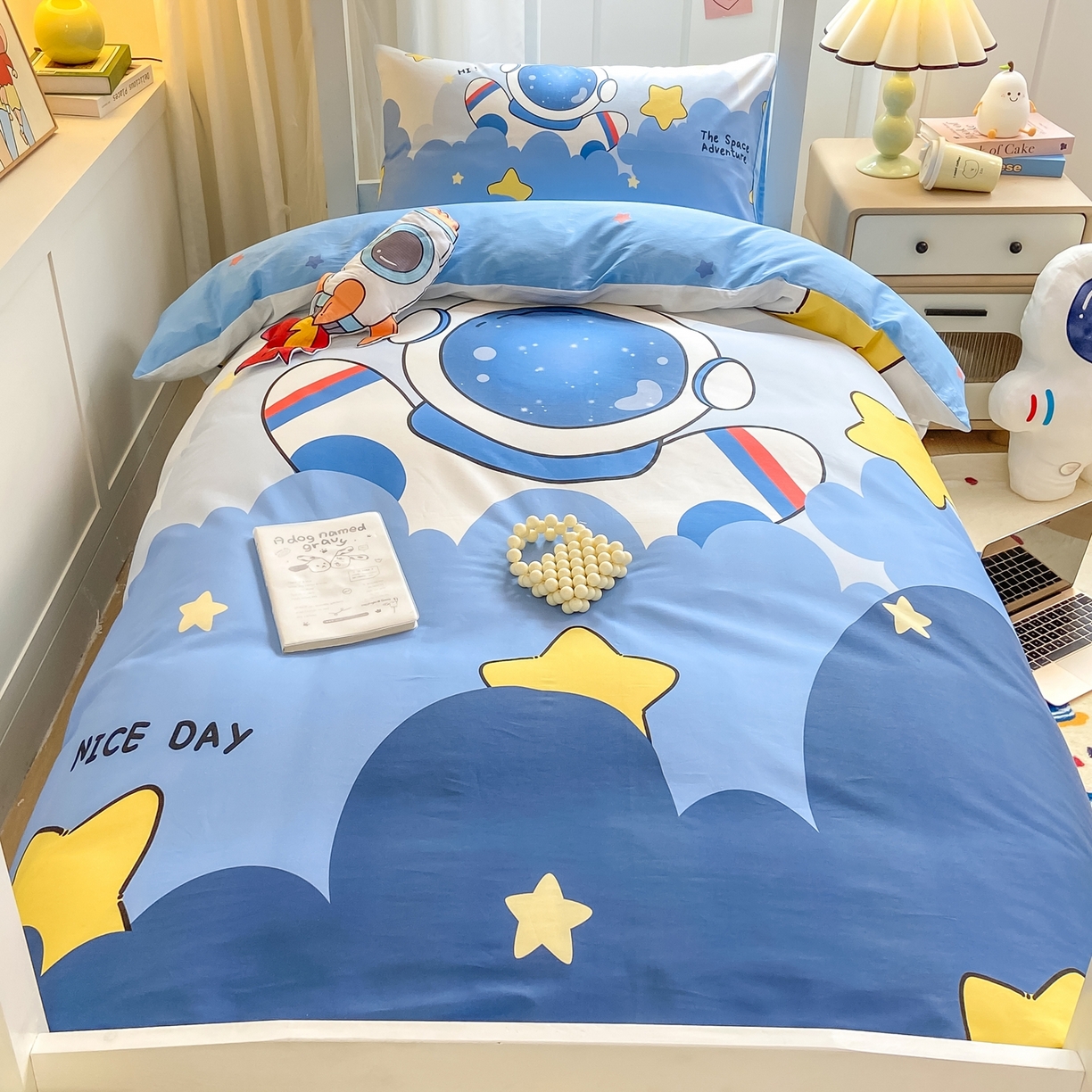 91家纺网 家纺一手货源 找家纺 博雅 2025新款全棉纯棉学生宿舍上下铺六件套-宇航员系列 梦想宇航员