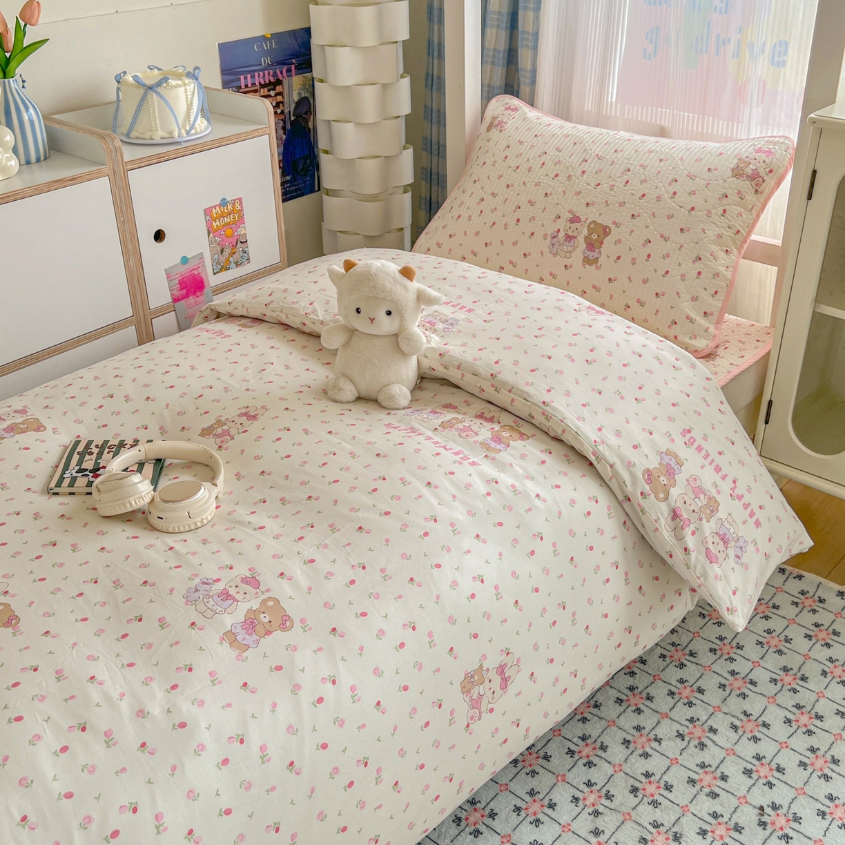 91家纺网 家纺一手货源 找家纺 沐纯家居 2025新款学生款双面纯棉棉花床盖三件套 安妮