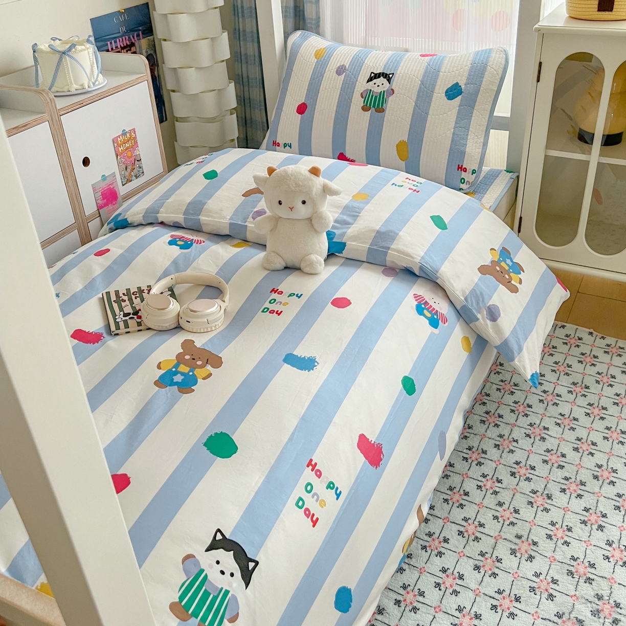 91家纺网 家纺一手货源 找家纺 沐纯家居 2025新款学生款双面纯棉棉花床盖三件套 快乐伙伴