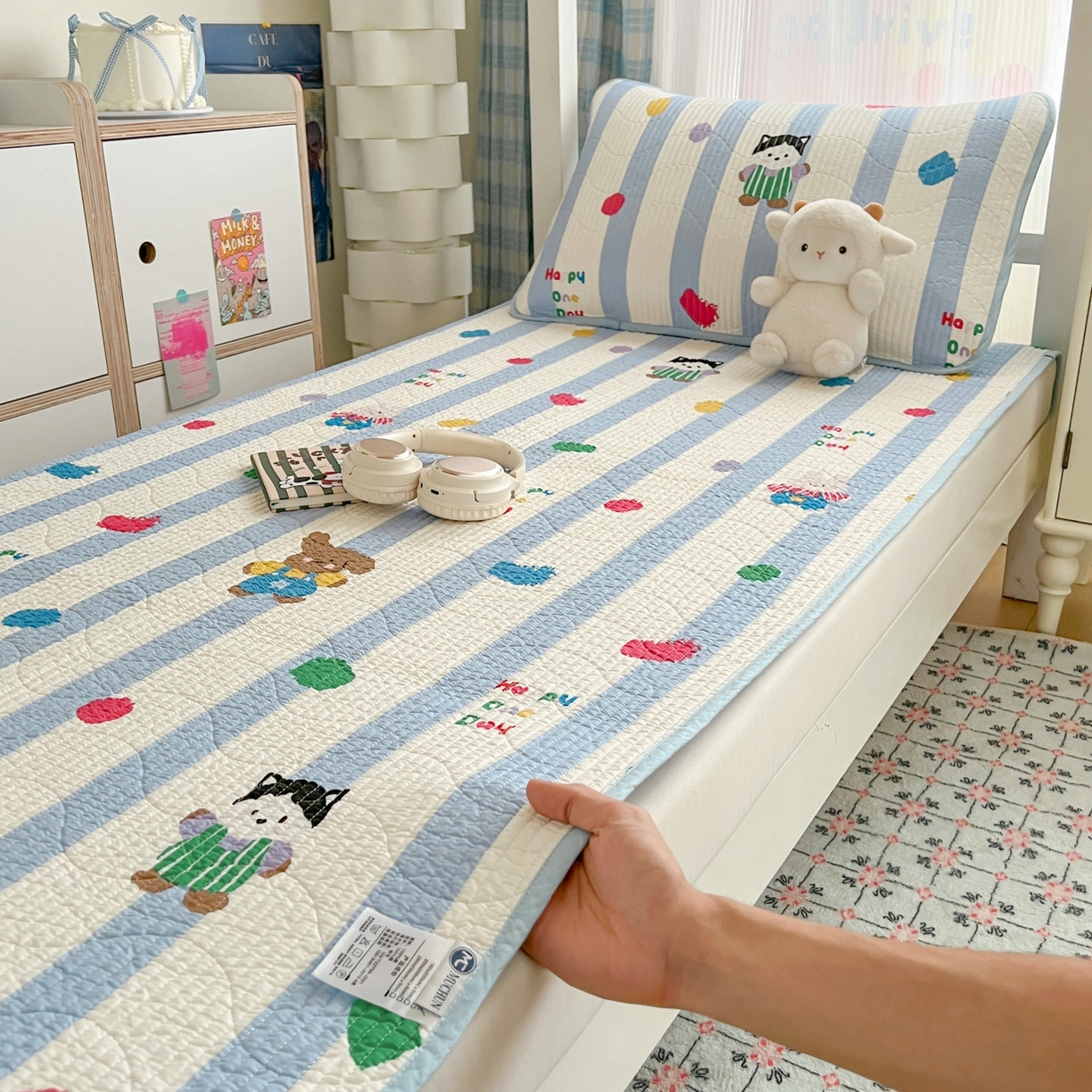 91家纺网 家纺一手货源 找家纺 沐纯家居 2025新款学生款双面纯棉棉花床盖三件套 快乐伙伴