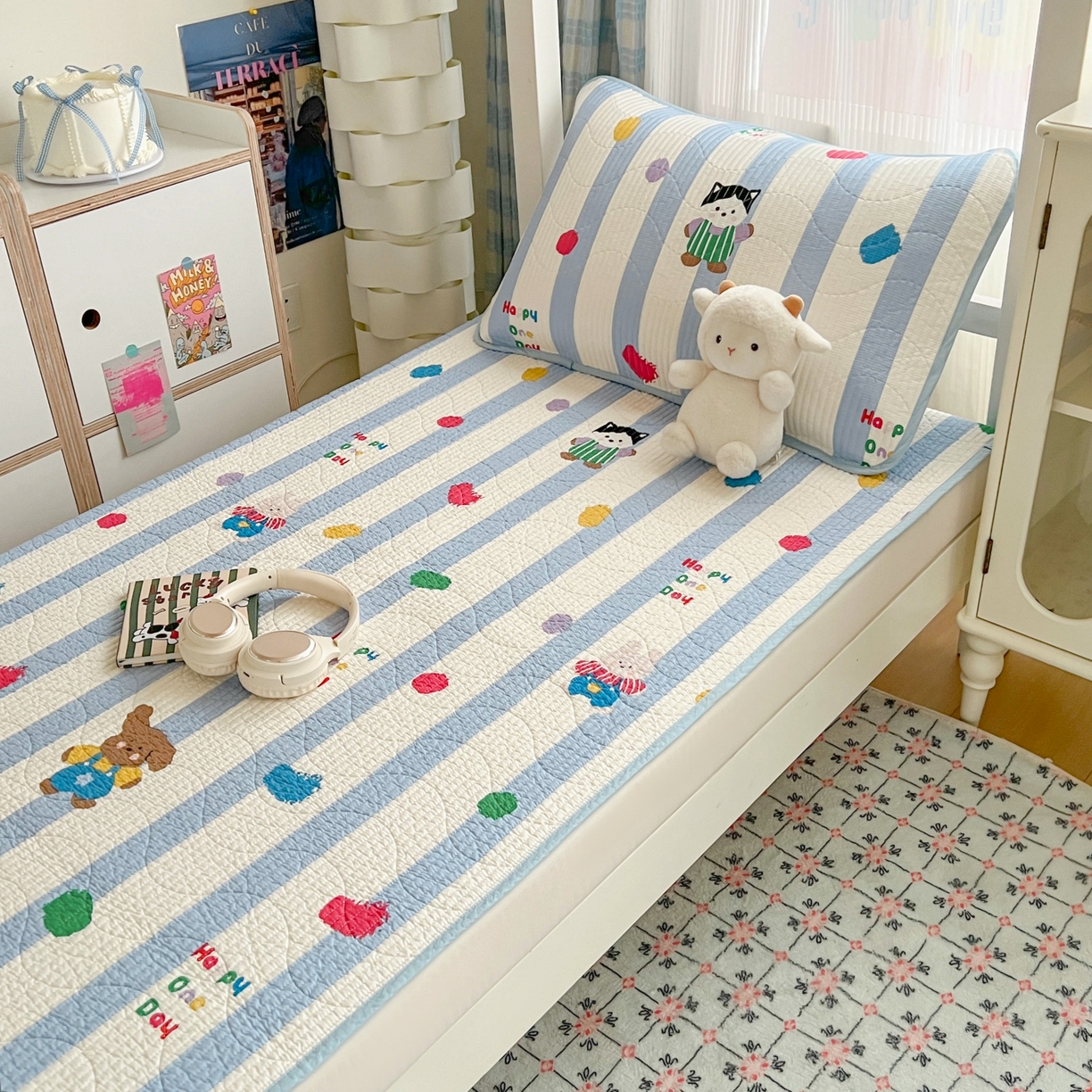 91家纺网 家纺一手货源 找家纺 沐纯家居 2025新款学生款双面纯棉棉花床盖三件套 快乐伙伴