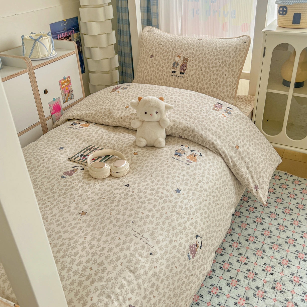 91家纺网 家纺一手货源 找家纺 沐纯家居 2025新款学生款双面纯棉棉花床盖三件套 童趣