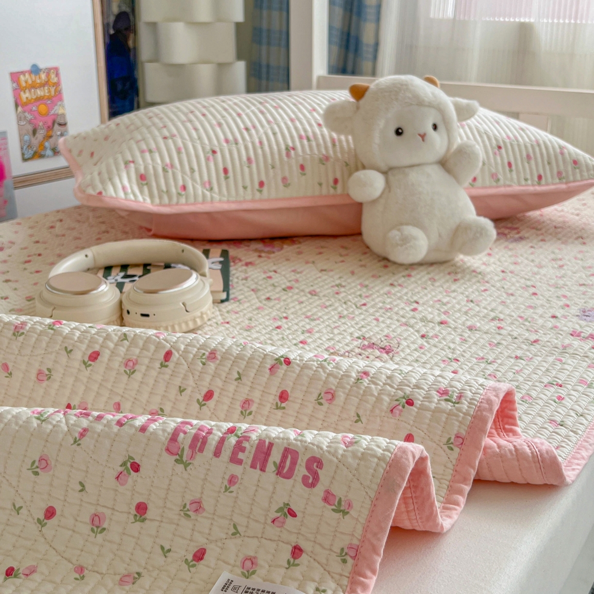 91家纺网 家纺一手货源 找家纺 沐纯家居 2025新款学生款双面纯棉棉花床盖三件套 安妮