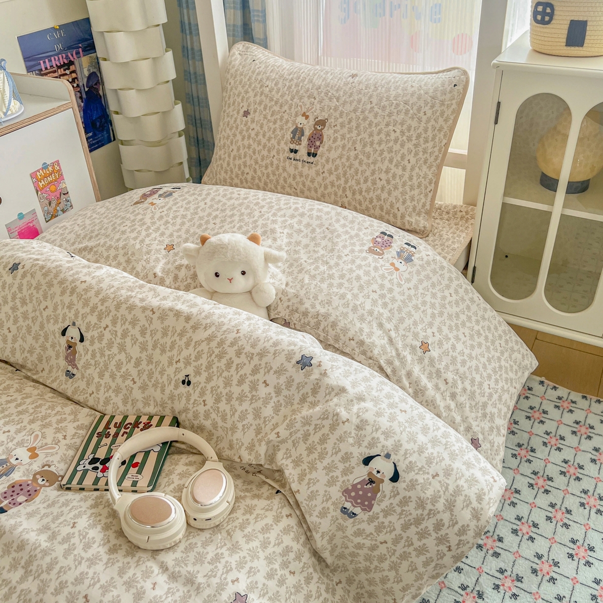 91家纺网 家纺一手货源 找家纺 沐纯家居 2025新款学生款双面纯棉棉花床盖三件套 童趣