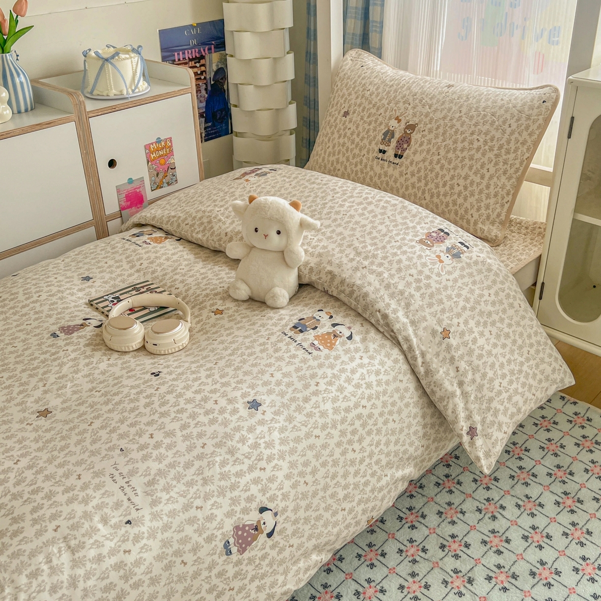 91家纺网 家纺一手货源 找家纺 沐纯家居 2025新款学生款双面纯棉棉花床盖三件套 童趣