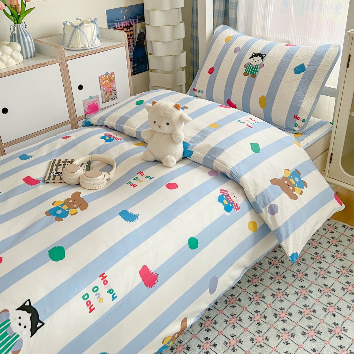 91家纺网 家纺一手货源 找家纺 沐纯家居 2025新款学生款双面纯棉棉花床盖三件套 快乐伙伴