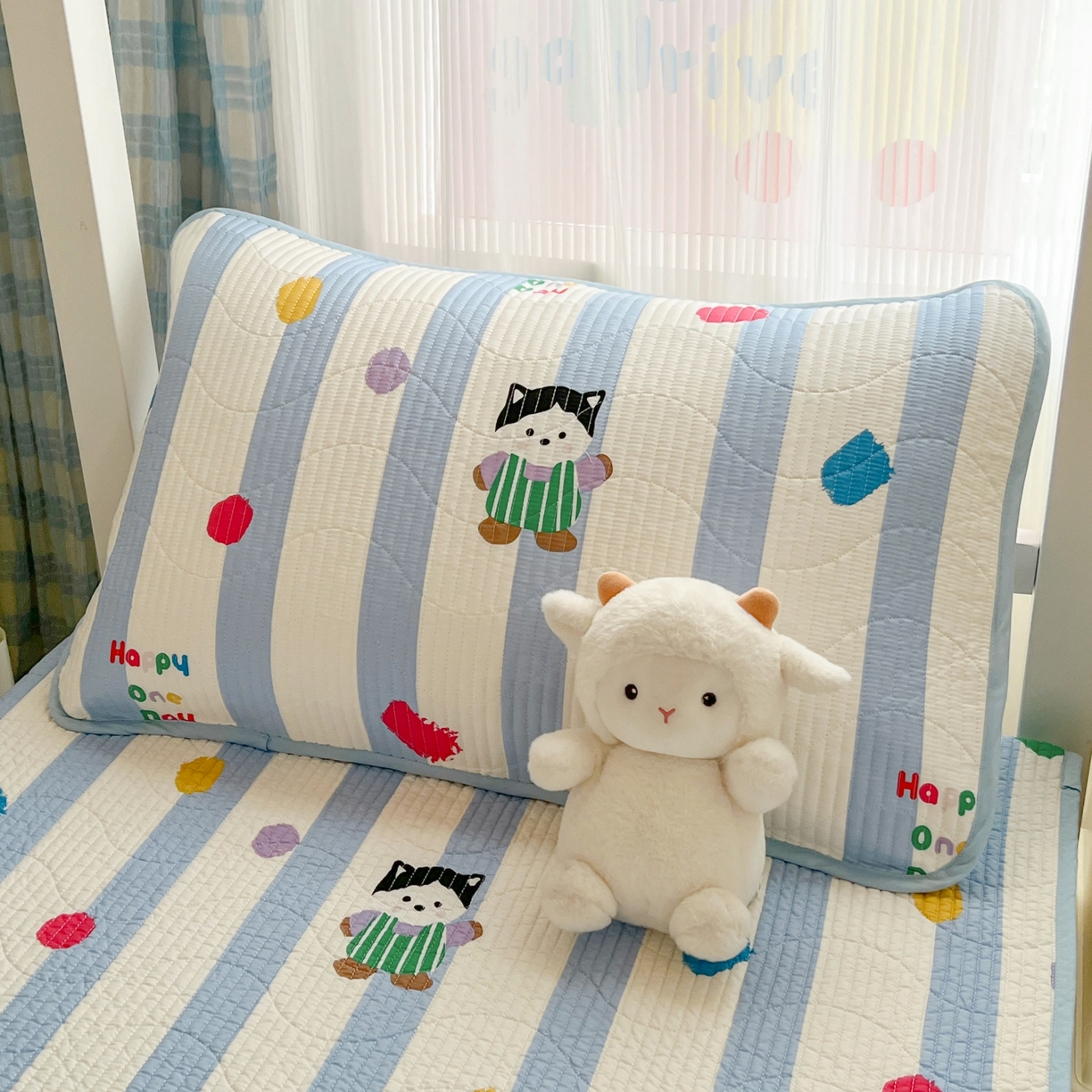 91家纺网 家纺一手货源 找家纺 沐纯家居 2025新款学生款双面纯棉棉花床盖三件套 快乐伙伴