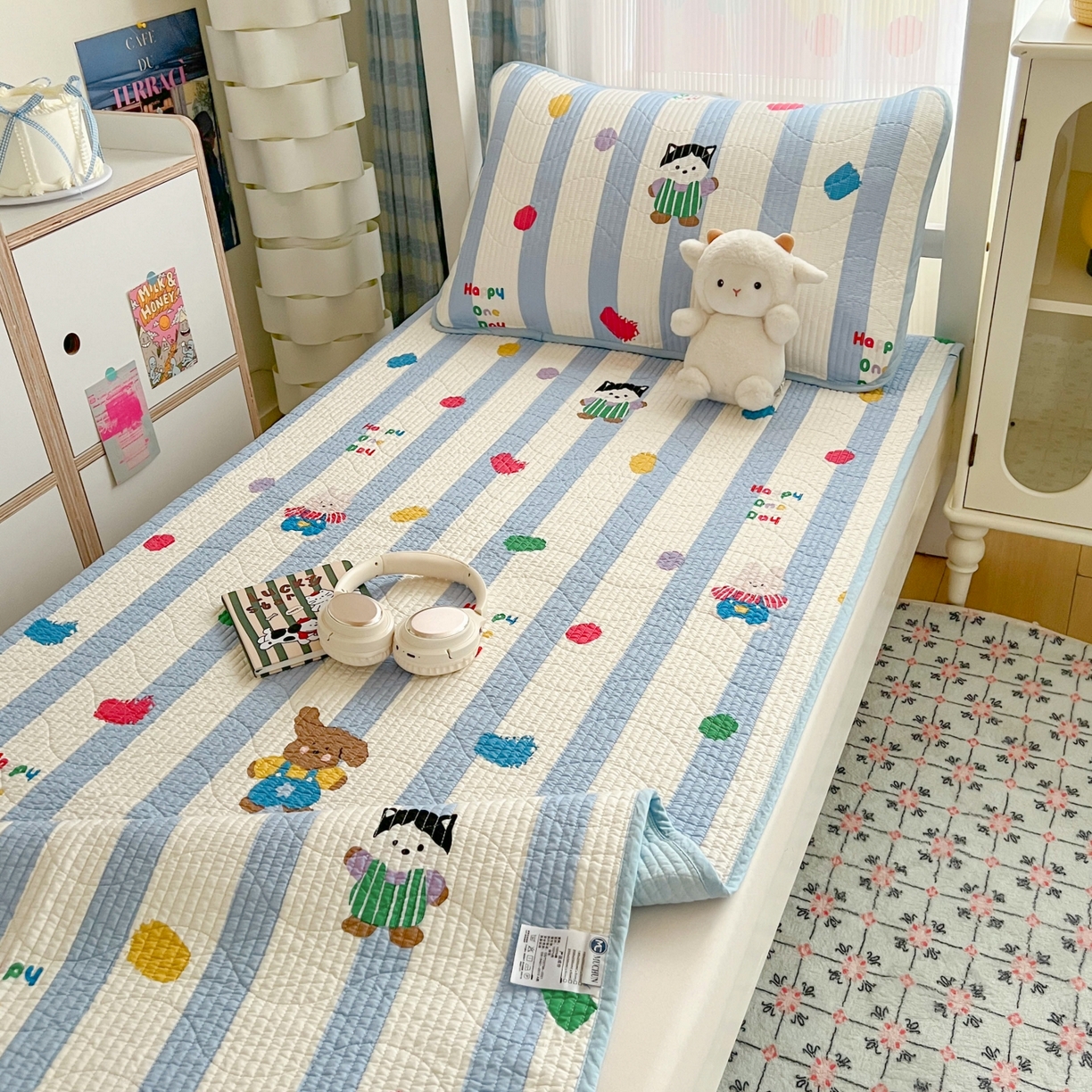 91家纺网 家纺一手货源 找家纺 沐纯家居 2025新款学生款双面纯棉棉花床盖三件套 快乐伙伴