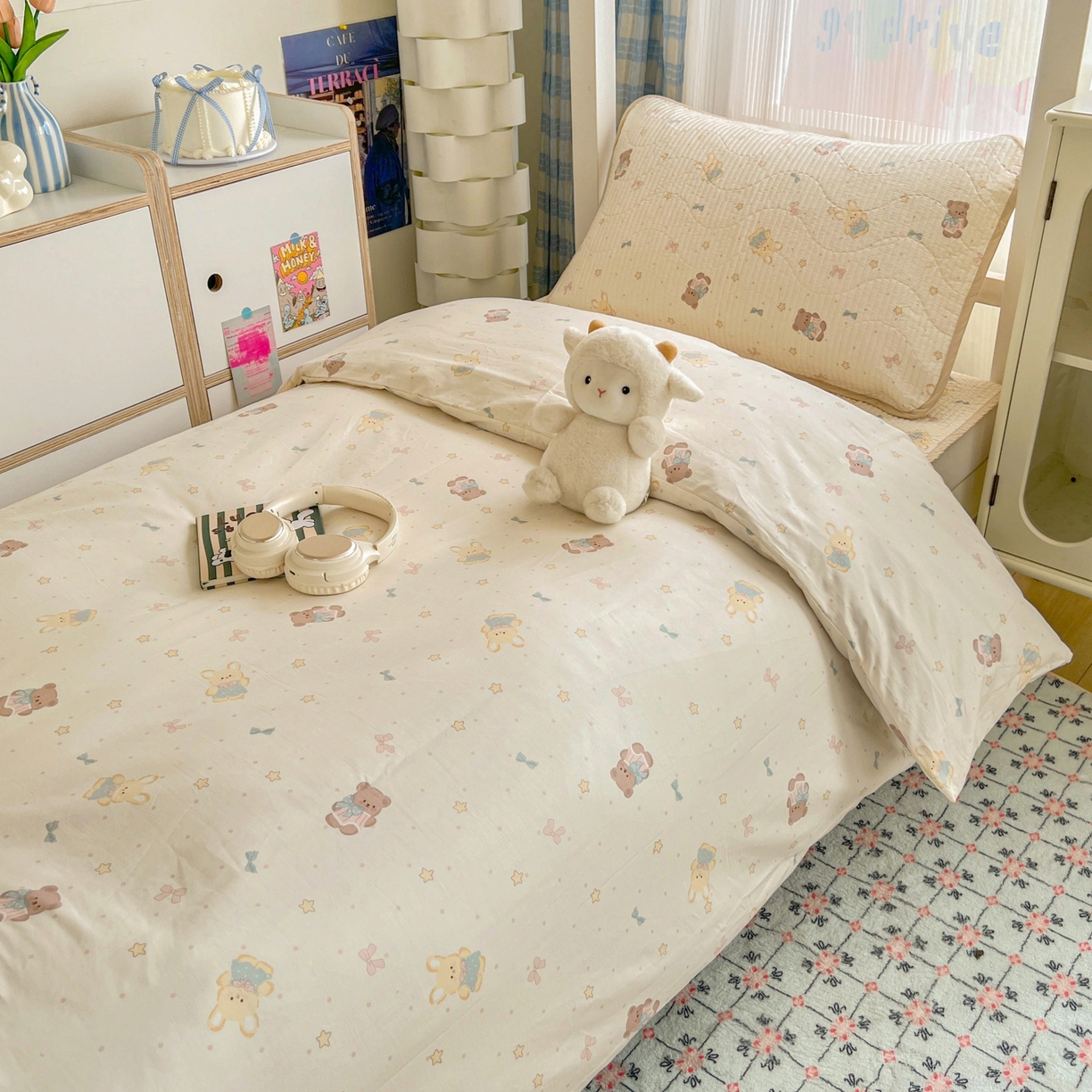 91家纺网 家纺一手货源 找家纺 沐纯家居 2025新款学生款双面纯棉棉花床盖三件套 爱星熊