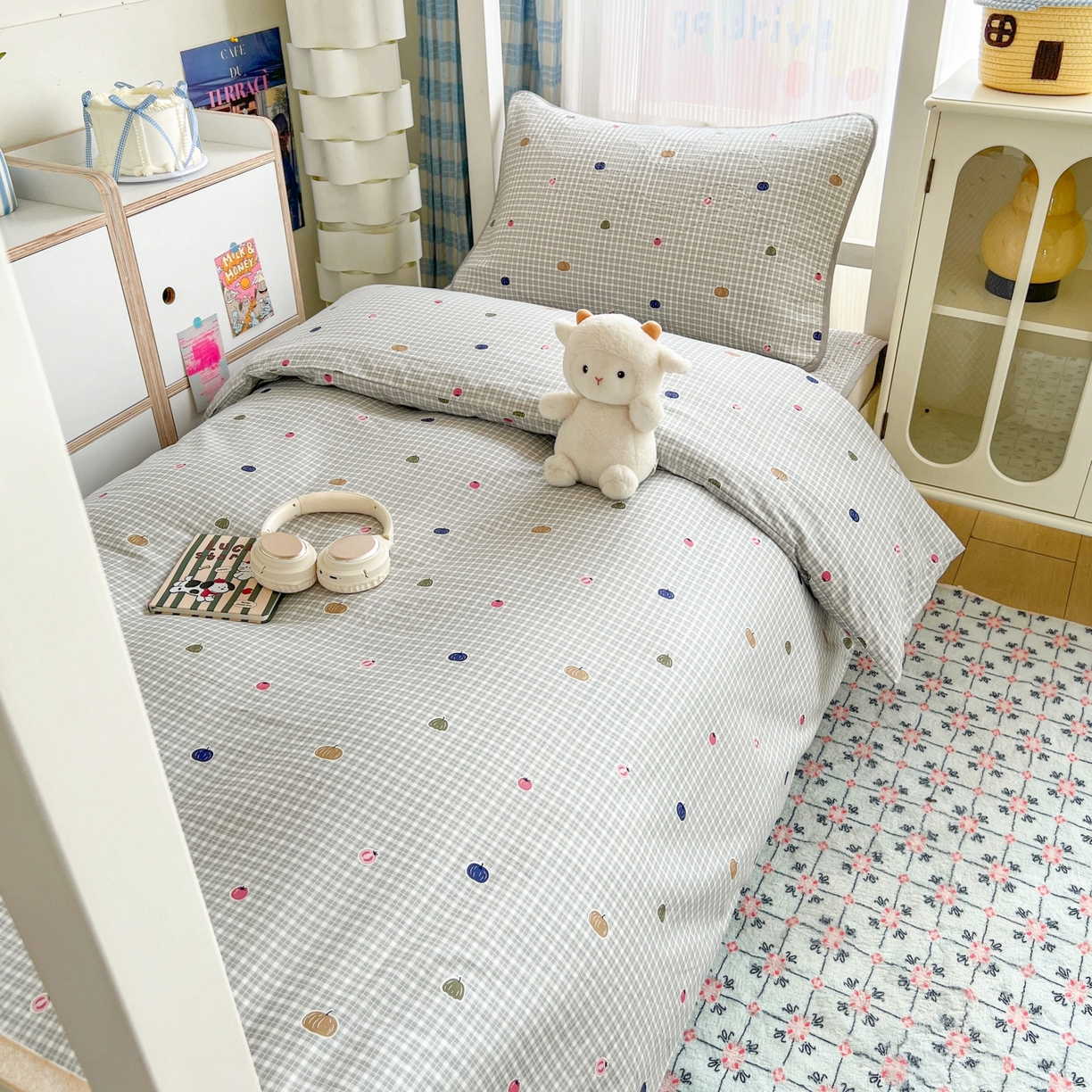 91家纺网 家纺一手货源 找家纺 沐纯家居 2025新款学生款双面纯棉棉花床盖三件套 南瓜派