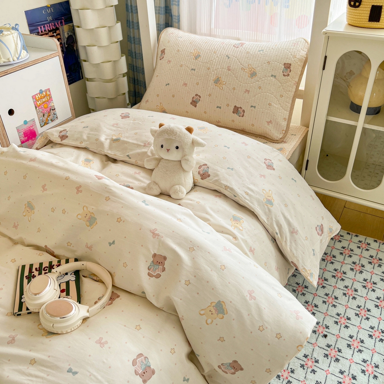 91家纺网 家纺一手货源 找家纺 沐纯家居 2025新款学生款双面纯棉棉花床盖三件套 爱星熊