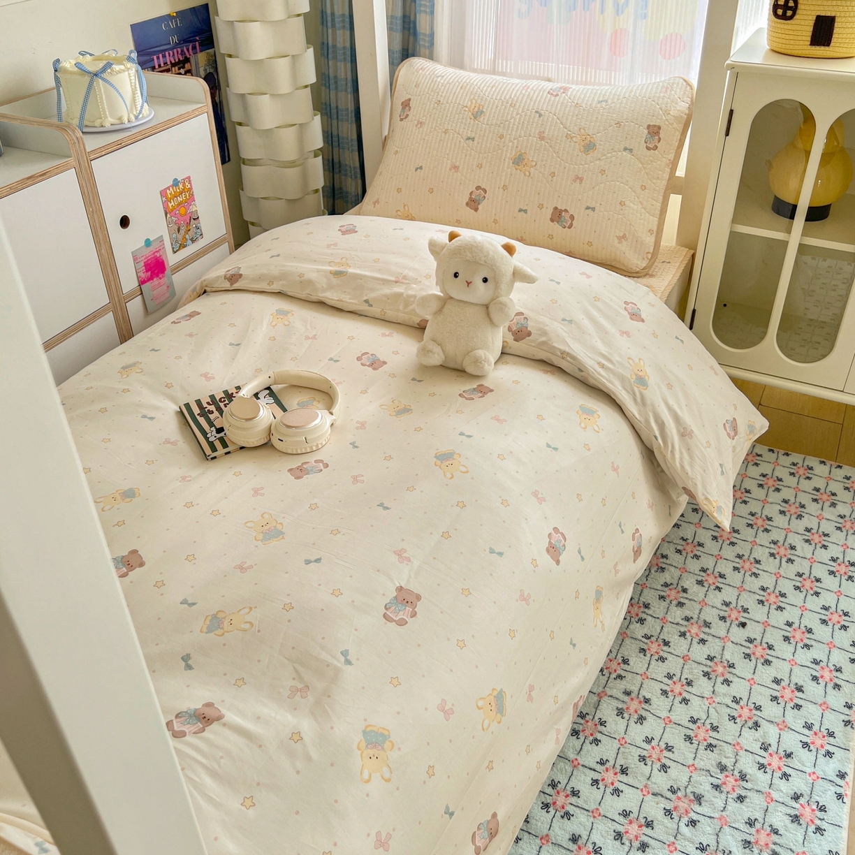 91家纺网 家纺一手货源 找家纺 沐纯家居 2025新款学生款双面纯棉棉花床盖三件套 爱星熊