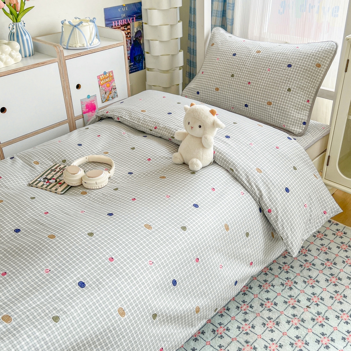 91家纺网 家纺一手货源 找家纺 沐纯家居 2025新款学生款双面纯棉棉花床盖三件套 南瓜派