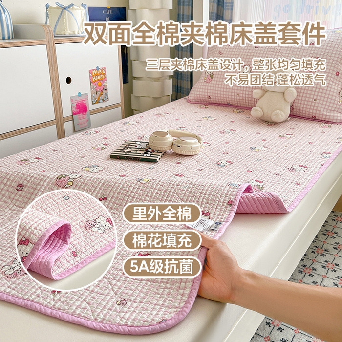 91家纺网 家纺一手货源 找家纺 沐纯家居 2025新款学生款双面纯棉棉花床盖三件套 宠物猫