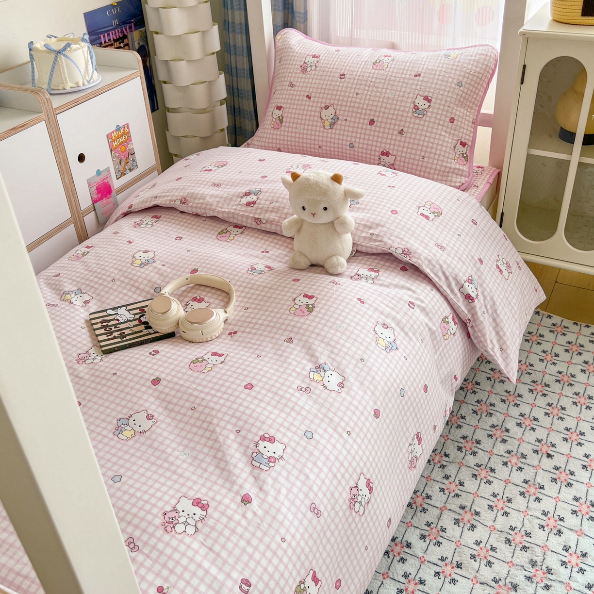 91家纺网 家纺一手货源 找家纺 沐纯家居 2025新款学生款双面纯棉棉花床盖三件套 宠物猫