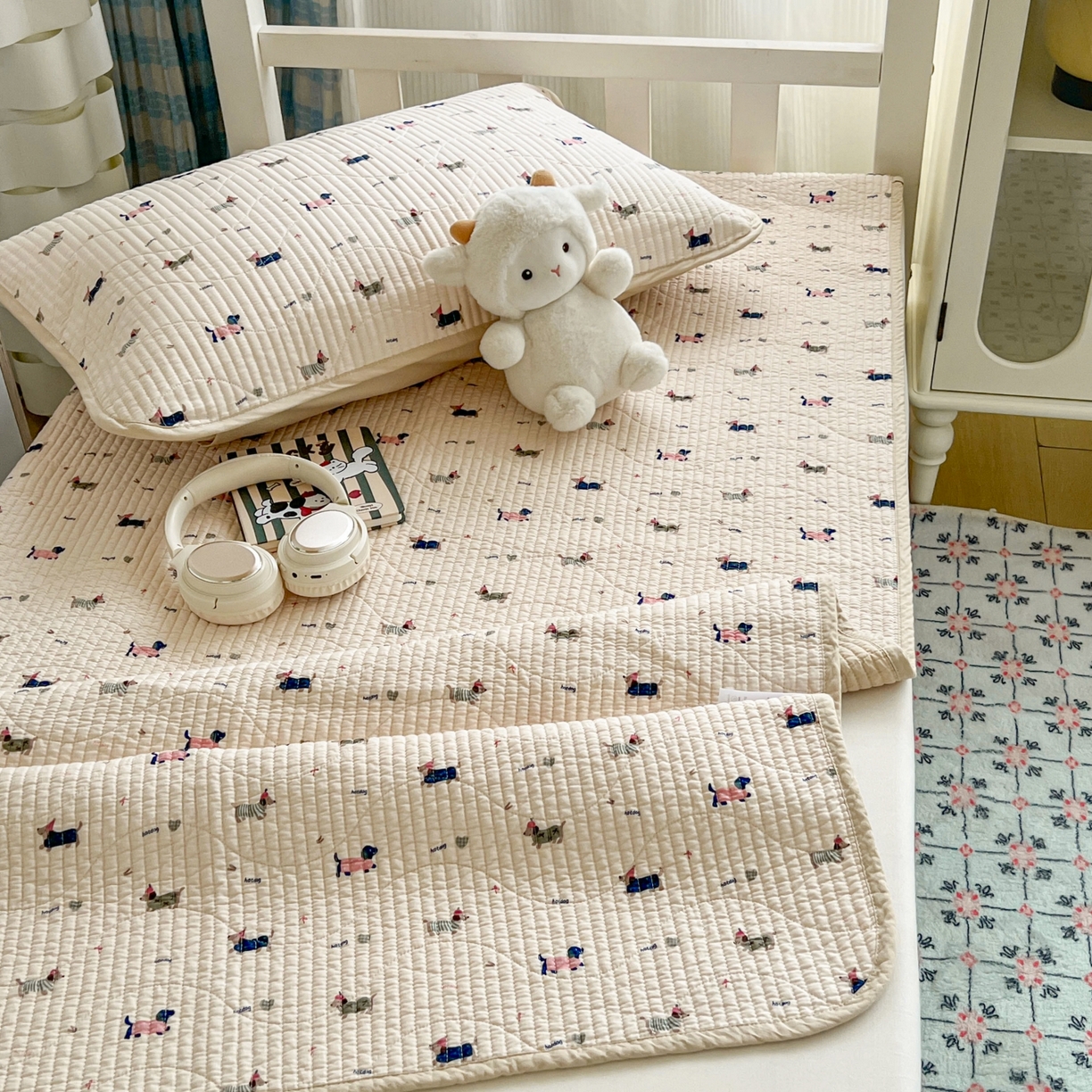 91家纺网 家纺一手货源 找家纺 沐纯家居 2025新款学生款双面纯棉棉花床盖三件套 幸运狗