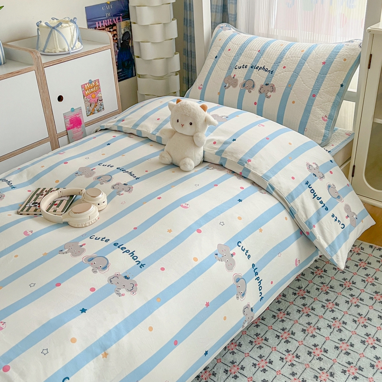 91家纺网 家纺一手货源 找家纺 沐纯家居 2025新款学生款双面纯棉棉花床盖三件套 三只小象