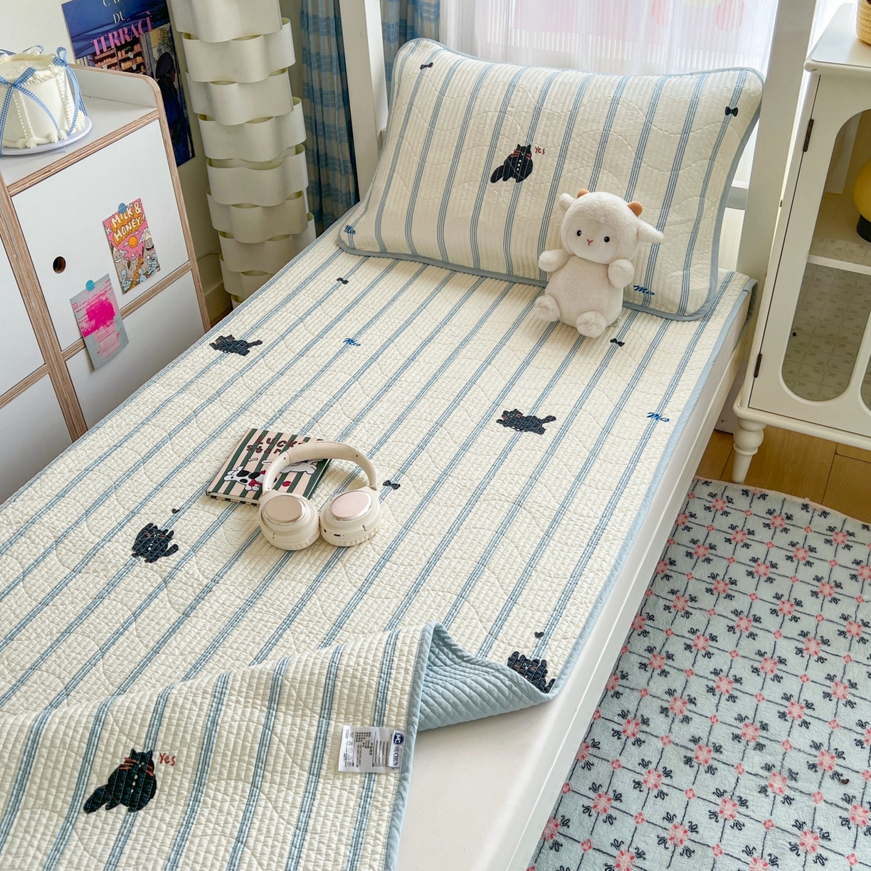 91家纺网 家纺一手货源 找家纺 沐纯家居 2025新款学生款双面纯棉棉花床盖三件套 猫咪呼呼