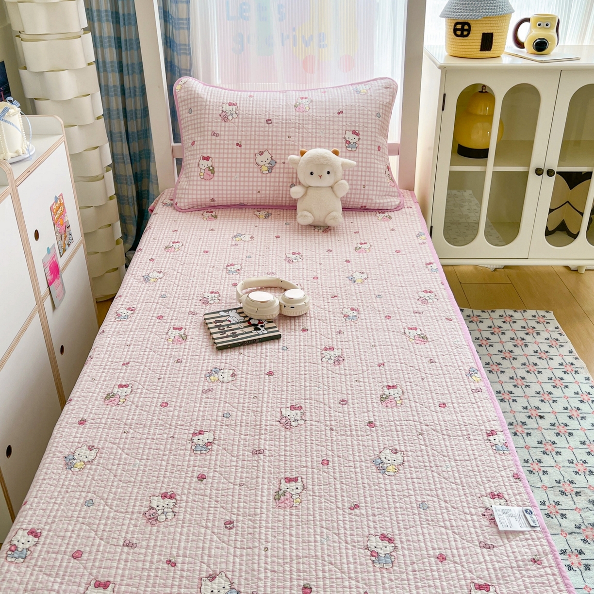 91家纺网 家纺一手货源 找家纺 沐纯家居 2025新款学生款双面纯棉棉花床盖三件套 宠物猫