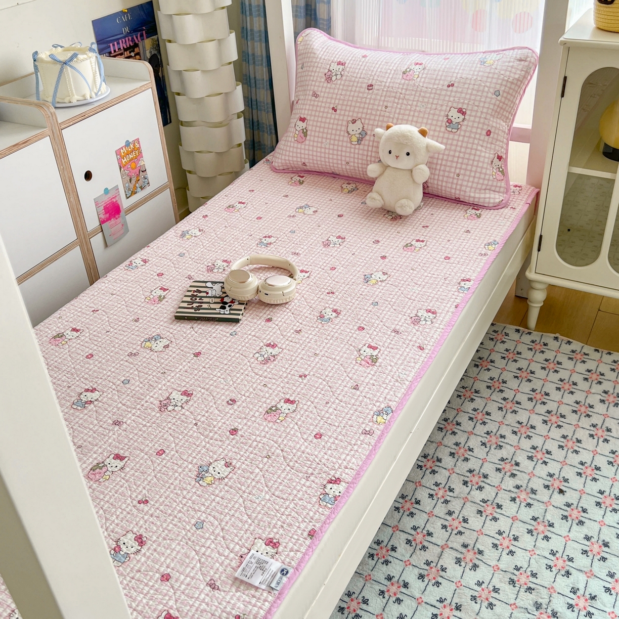 91家纺网 家纺一手货源 找家纺 沐纯家居 2025新款学生款双面纯棉棉花床盖三件套 宠物猫